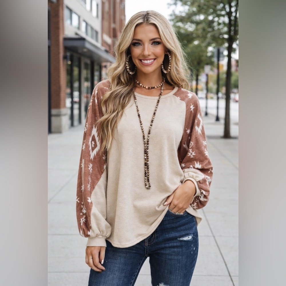 Women's Beige and Brown Patterned Top